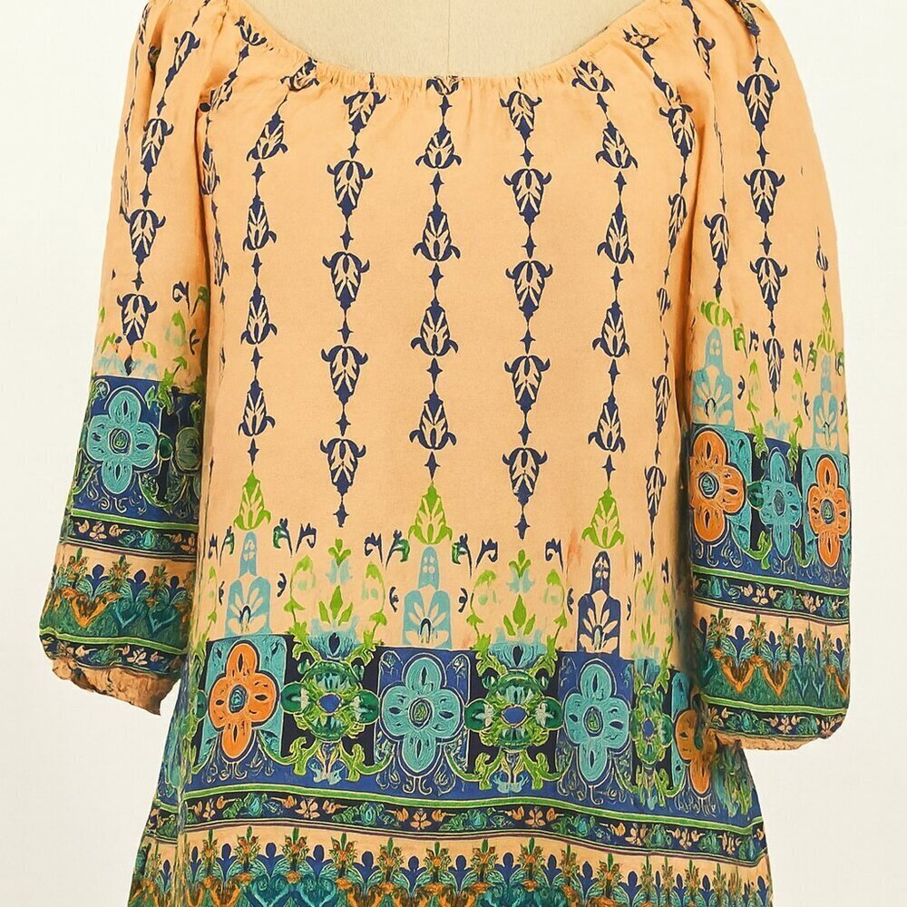 Pink Owl Boho Floral Tribal Bishop Sleeve Tunic Mini Dress S